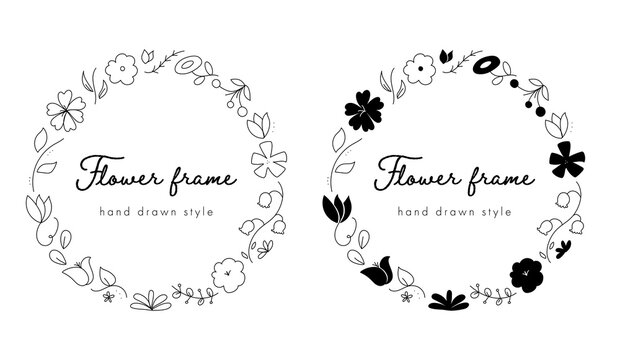 手描きの花の丸いフレームのセット おしゃれ かわいい 背景 シンプル 植物 葉 枠 タイトル Stock Vector Adobe Stock