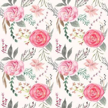soft pink rose floral watercolor seamless pattern