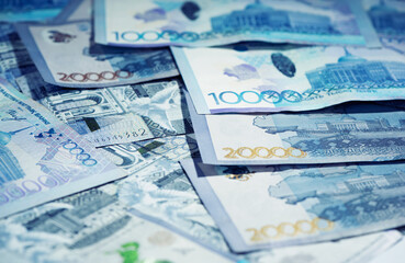 Kazakhstan money bills background. Tenge banknotes