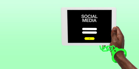 Hand using tablet, device on top view. Addicted man, wired with chain to social media on the screen with login frame. Technologies, modern, marketing, online. Green color on background. Flyer