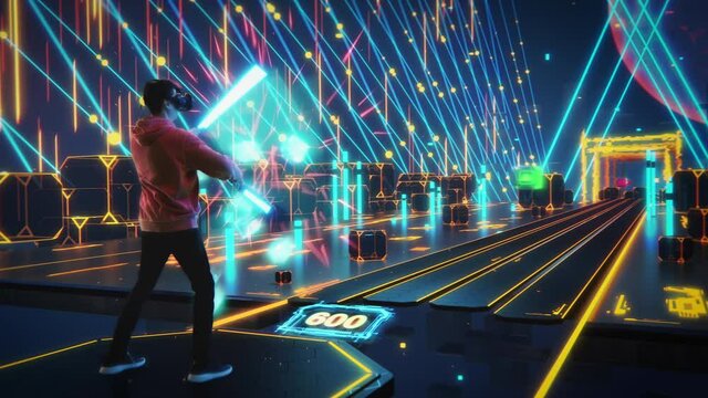 High Tech Futuristic 3D Animation: Player Wearing Virtual Reality Headset Plays Augmented Reality Action Video Game, Fighting Cubes with Laser Swords, Scoring Points