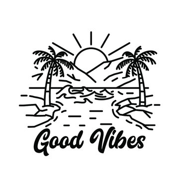 Vintage outdoor badge, sticker, logo design. With palm tree and beach schene