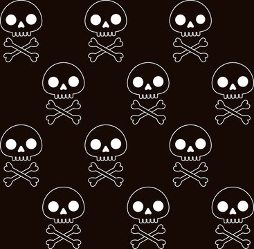 Seamless pattern with human skull and bones on black background. Cute vector halloween ornament in flat style. Stock illustration for wrapping paper, textile, background, wallpaper, scrapbooking.