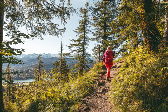 Wanderin auf dem Wanderweg zur Heimgarten H&uuml;tte am Walchensee mit Blick auf die verschneiten Alpen