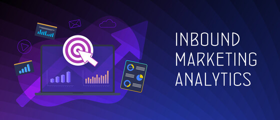 Inbound Marketing Analytics Concept. Advertisement Strategy with target, chart and graph icons. Lead generation income symbol. Header and footer banner template with text