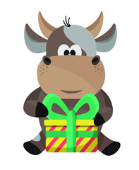 Funny new year bull. Symbol of 2021. Christmas cow. Chenese calendar. Bull with a box. Cow with a present.