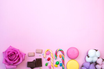 A lot of colorful candy  on colourful background, Valentines Day background
