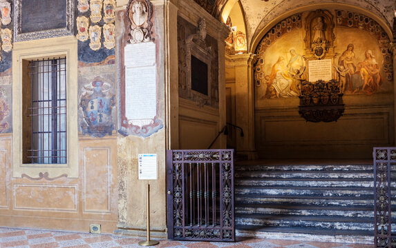BOLOGNA, ITALY - OCTOBER 31, 2012: medieval wall and niche in courtyard of Archiginnasio palace in Bologna city. This Palace is the first official headquarters for the University of Bologna