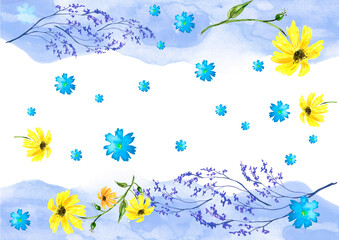 Fototapeta na wymiar Watercolor greeting card, frame, invitation. Drawing - blue flower, branch, lavender, wildflowers. Handmade drawing. For your design, text. Flowers cornflower, sunflowers, chamomile.scent of flowers.