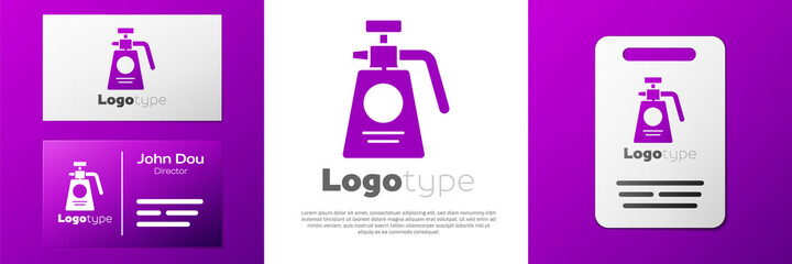 Logotype Garden sprayer for water, fertilizer, chemicals icon isolated on white background. Logo design template element. Vector Illustration.