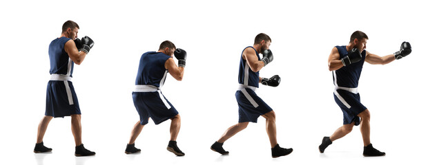 Target. Young professional boxer training in action, motion of step-to-step kicking isolated on white background. Concept of sport, movement, energy and dynamic, healthy lifestyle. Flyer.