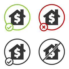 Black House with dollar symbol icon isolated on white background. Home and money. Real estate concept. Circle button. Vector Illustration.
