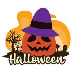 Halloween premade composition with pumpkin and cemetery. Vector