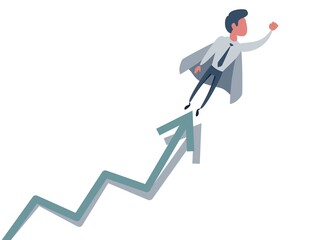 Business concept illustration of a superhero businessman taking the graphic chart up. Shades of gray.
