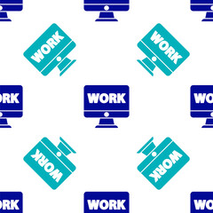 Blue Computer monitor with text work icon isolated seamless pattern on white background. Vector Illustration.