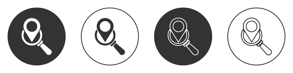 Black Search location icon isolated on white background. Magnifying glass with pointer sign. Circle button. Vector Illustration.