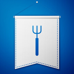Blue Garden pitchfork icon isolated on blue background. Garden fork sign. Tool for horticulture, agriculture, farming. White pennant template. Vector.