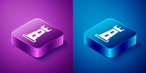 Isometric Castle tower icon isolated on blue and purple background. Fortress sign. Square button. Vector.