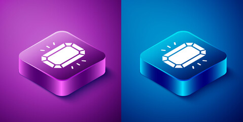 Isometric Diamond icon isolated on blue and purple background. Jewelry symbol. Gem stone. Square button. Vector.