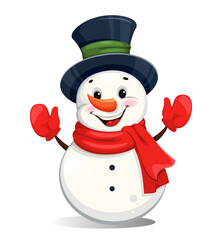 Cute cheerful Christmas snowman cartoon character