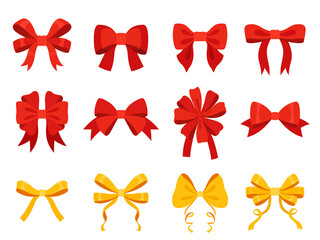 Set of festive bows in red and yellow colors. Objects for decorating Christmas gifts