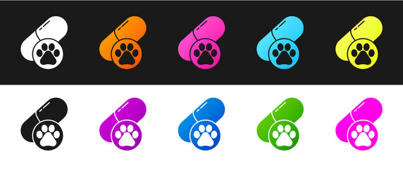 Set Dog pill icon isolated on black and white background. Prescription medicine for animal. Vector.