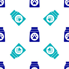 Blue Bag of food for dog icon isolated seamless pattern on white background. Dog or cat paw print. Food for animals. Pet food package. Vector.