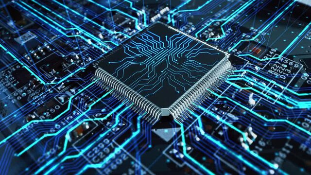 Advanced Technology Concept Visualization: Circuit Board CPU Processor Microchip Starting Artificial Intelligence Digitalization of Neural Networking and Cloud Computing Data. Digital Lines Move Data