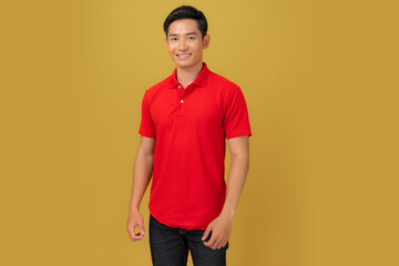 T-shirt design, Young man in Red shirt on orange background