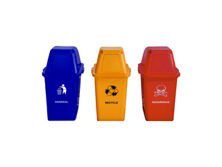 waste management trash separate by recycle bin yellow color hazardous bin red color and general garbage blue color with clipping path on white background for environment conservation