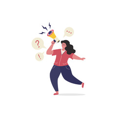 Woman  Shouting to Megaphone or Loudspeaker.  Online Public Relations and Affairs Concept. Announcement. Vector Illustration for web page, flyer, poster, social media