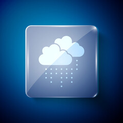 White Cloud with rain icon isolated on blue background. Rain cloud precipitation with rain drops. Square glass panels. Vector.