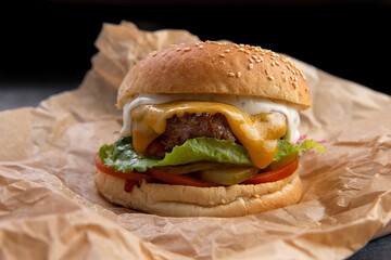 Perfect hamburger classic burger american cheeseburger with cheese, bacon