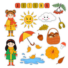 Set of cute cartoon autumn stickers with girl, leaves, mushroom baskets, clouds, umbrella, pumpkin. Vector illustration for sticker print, postcard, scrapbooking