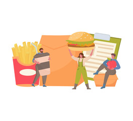 Fast food and Lunch time with small people. hamburger and french fries, paper bag. Fast food home delivery service. Vector illustration for web banner page, card, banner