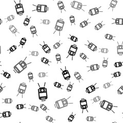 Black Tram and railway icon isolated seamless pattern on white background. Public transportation symbol. Vector.