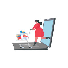 Young woman customer with purchases. Online shopping, Shopping Promotion concept. Vector Illustration for banner, website design or landing web page, banner,  cards, posters