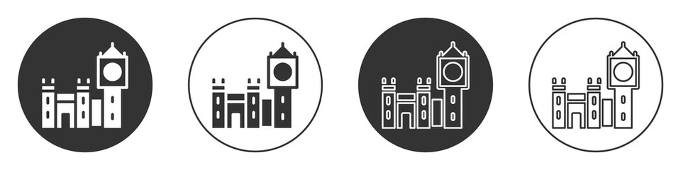 Black Big Ben tower icon isolated on white background. Symbol of London and United Kingdom. Circle button. Vector.
