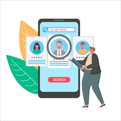 Hiring and recruitment concept for web page template. vector illustration for emblem recruiting agency, Job interview, banner, presentation, social media, documents, cards, posters