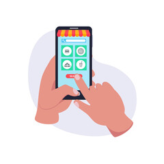 Mobile shopping consept. Food ordering or delivery service on mobile phone. Vector illustration flat style online shopping concept, business concept, online store, buying and selling