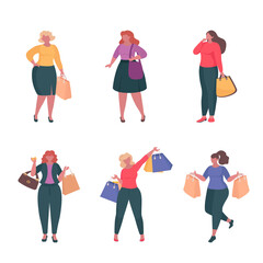 Fototapeta na wymiar Set of Female Characters with shopping. Girls with shopping bags. Shopping consept. Vector illustration for web page design, social media, banner, presentation