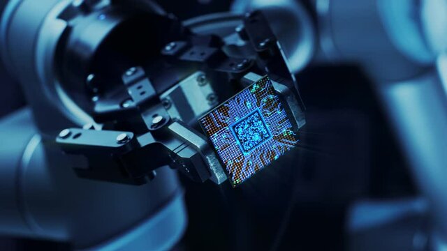 Futuristic Animation Concept: Modern Authentic Robot Arm Holding Contemporary Super Computer Processor Moving into Focus.CPU Microchip Digitilizes and Sends Data Power Lines with Computer Vision