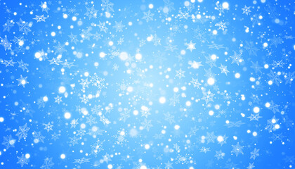 White snow flies on a blue background. Christmas snowflakes. Winter blizzard background illustration.