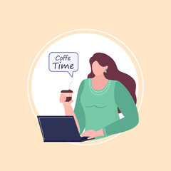 Coffee break concept. Cute girl with coffe cup. Vector illustration for poster, web page, banner