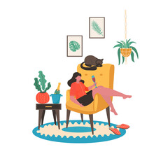Woman sitting in chair with a glass of wine in her Hands. Weekend or free time spending. Rest concept. Vector Illustration