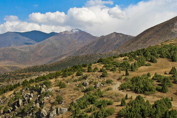 Snow capped mountains of Kazakhstan's Aksu-Zhabagly  National Reserve in Tian Shan Mountains. The oldest national park in Central Asia.