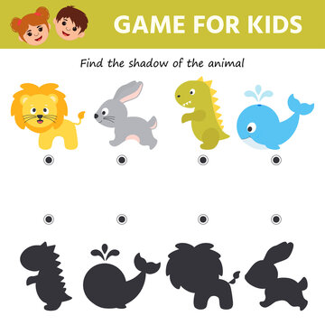 Education game for kids. Find the shadow of the animal. Preschool worksheet activity. Children funny riddle entertainment. Vector illustration
