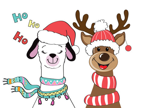 Christmas llama and Christmas deer rudolph. New Year card. Vector cartoon illustration