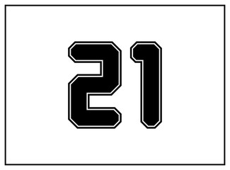 21 number classic american, college style font. Uniform letter in black with a black outside contour line. Vintage sport font.For jersey, t-shirt, basketball, baseball, football. Isolated vector