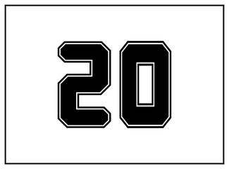 20 number classic american, college style font. Uniform letter in black with a black outside contour line. Vintage sport font.For jersey, t-shirt, basketball, baseball, football. Isolated vector